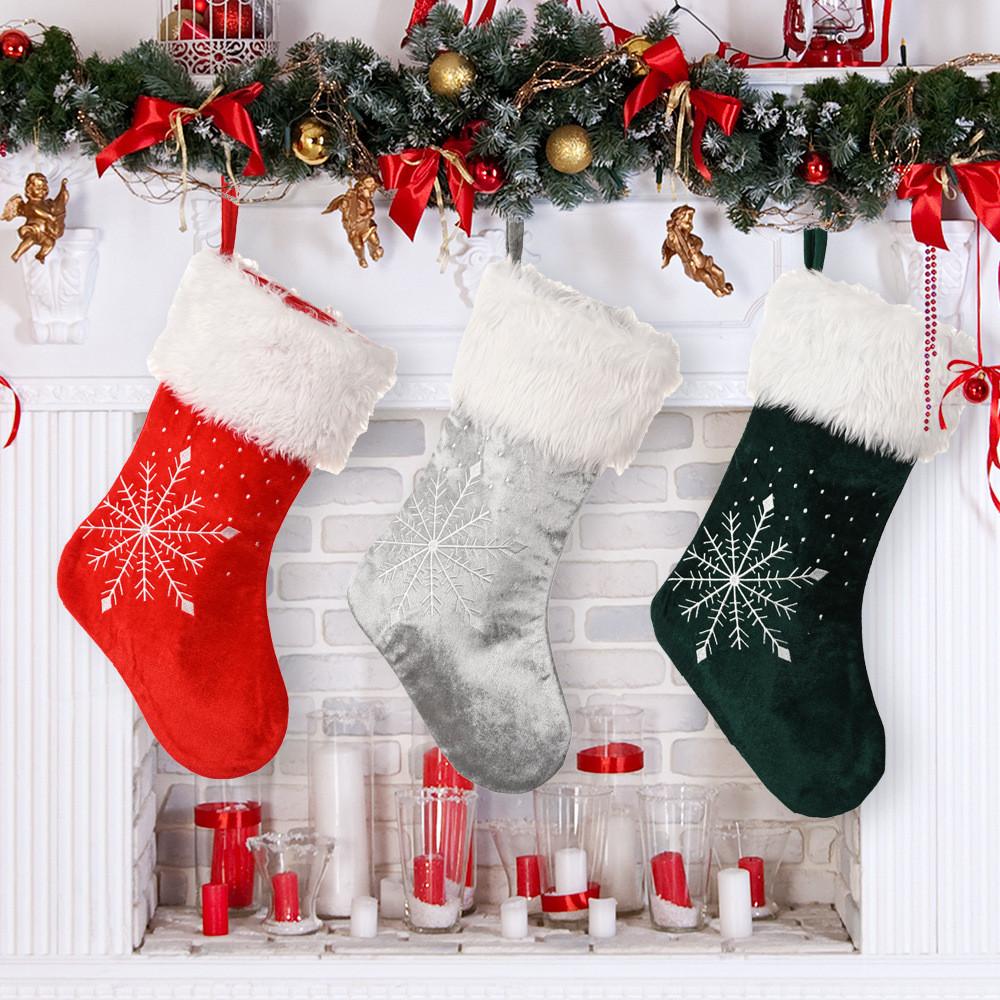 Christmas Beautifully Crafted Stockings With Plush Edging And Festive Snowflake Designs In Colors Three