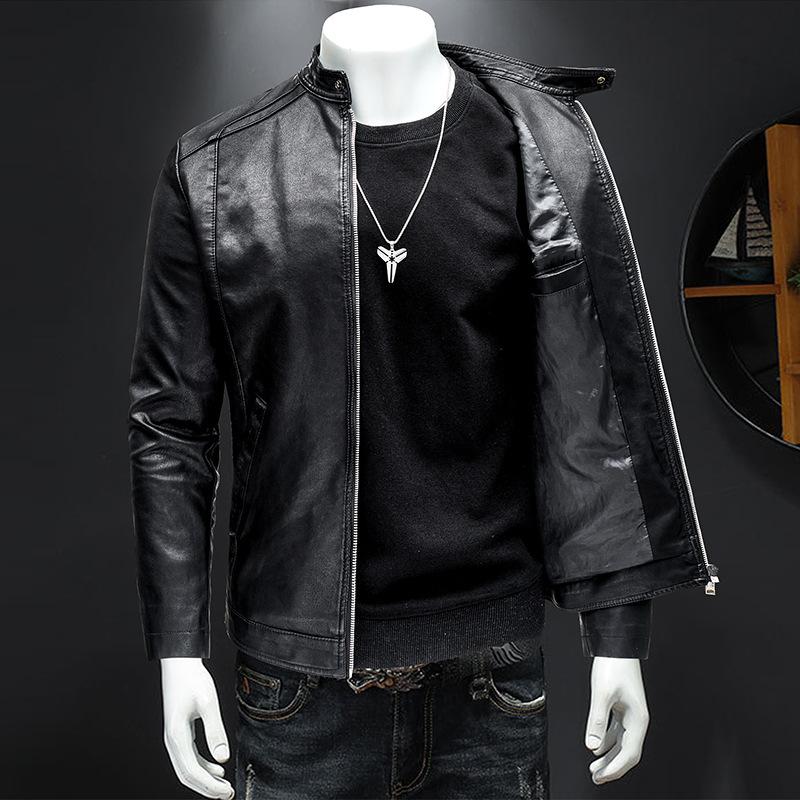 Men's locomotive leather jacket autumn and winter new casual versatile slim fit fleece thickened large size leather jacket