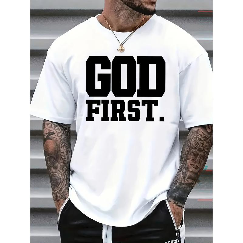 European sizes Men'S "GOD FIRST" Graphic T-Shirt - Bold White Lettering on Black, Casual Round Neck Summer Tee