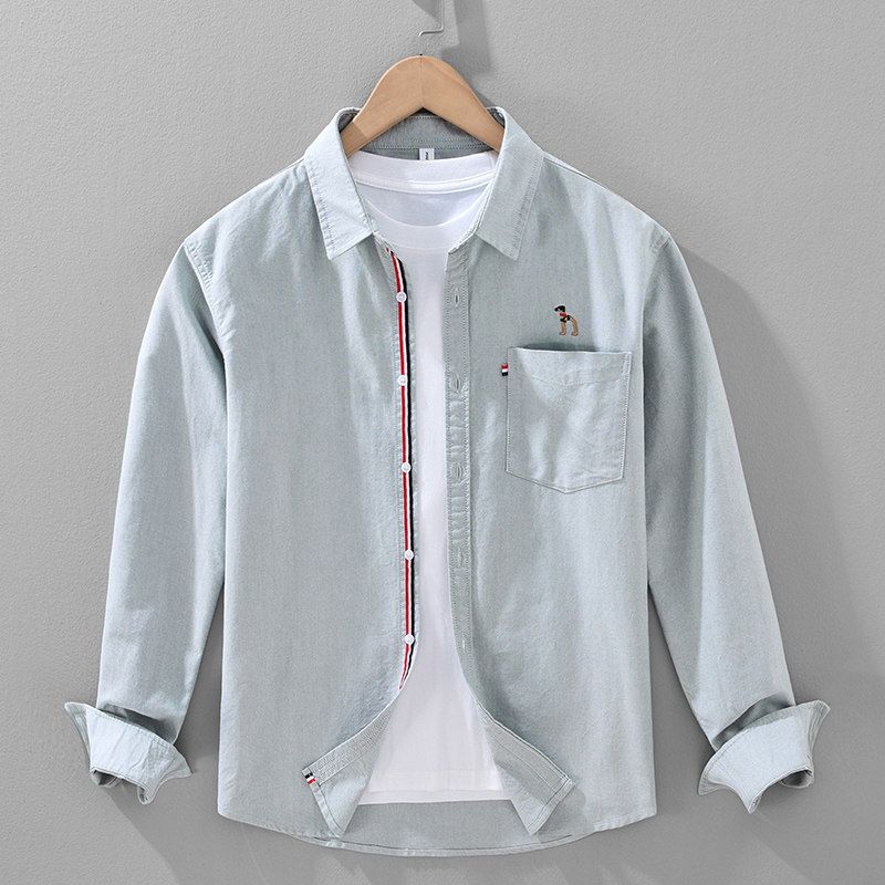 Surplus Spring and Autumn Fashion Oxford Fabric Embroidered Long-Sleeve Shirt for Men, Comfortable Square Collar Casual Personalized Pure Cotton Shirt Grey 2XL