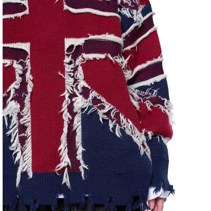 Womens Loose Fit Knit Sweater Crew Neck Long Sleeve Distressed Fringe Street Style Medium Thickness