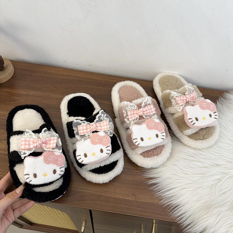 Vitality cute cartoon kitten fluffy slippers female 2025 autumn and winter fashion versatile casual one-word cotton slippers