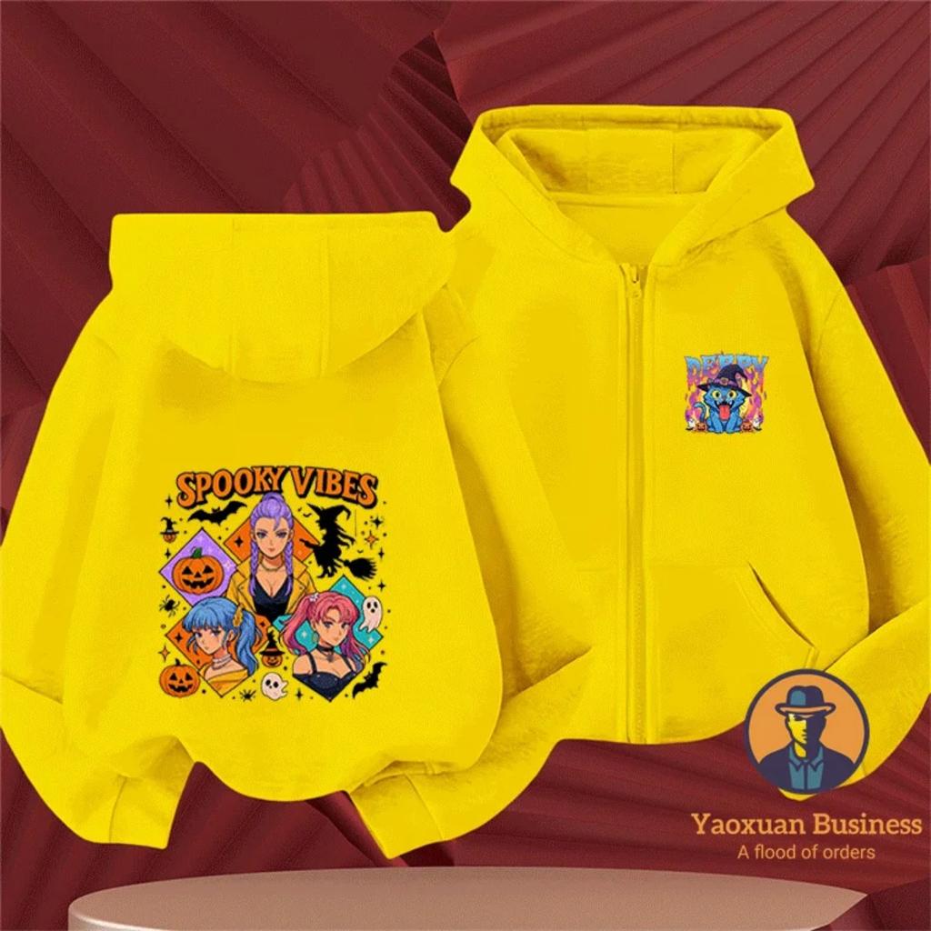 Halloween Style KPop Devil Hunter Girl Children's Zipper Hoodie Cute Cartoon Print Warm Windproof Autumn and Winter Fashion Clothing