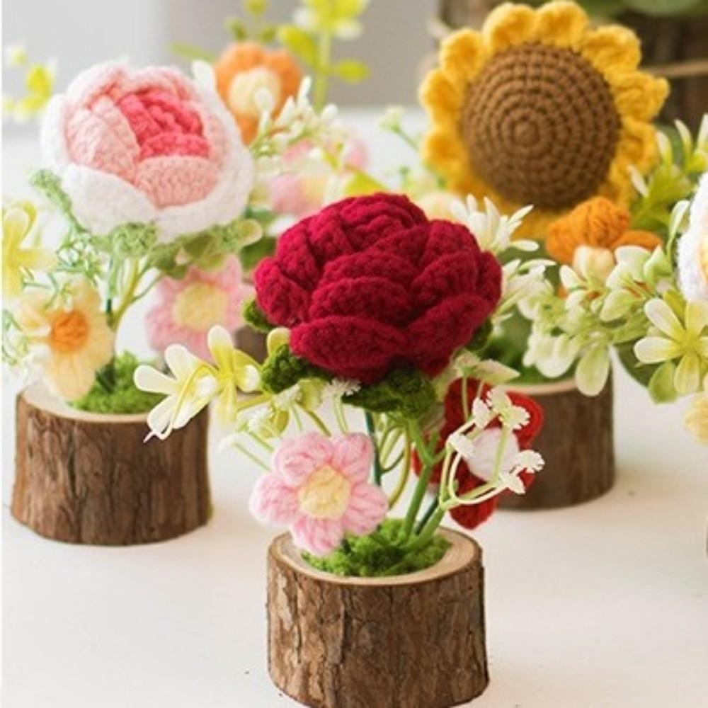 Hand-woven Knitted Flowers Potted Sunflower Tulip DIY Craft Artificial Flower Cute Design Colorful Handmade Plant Decor