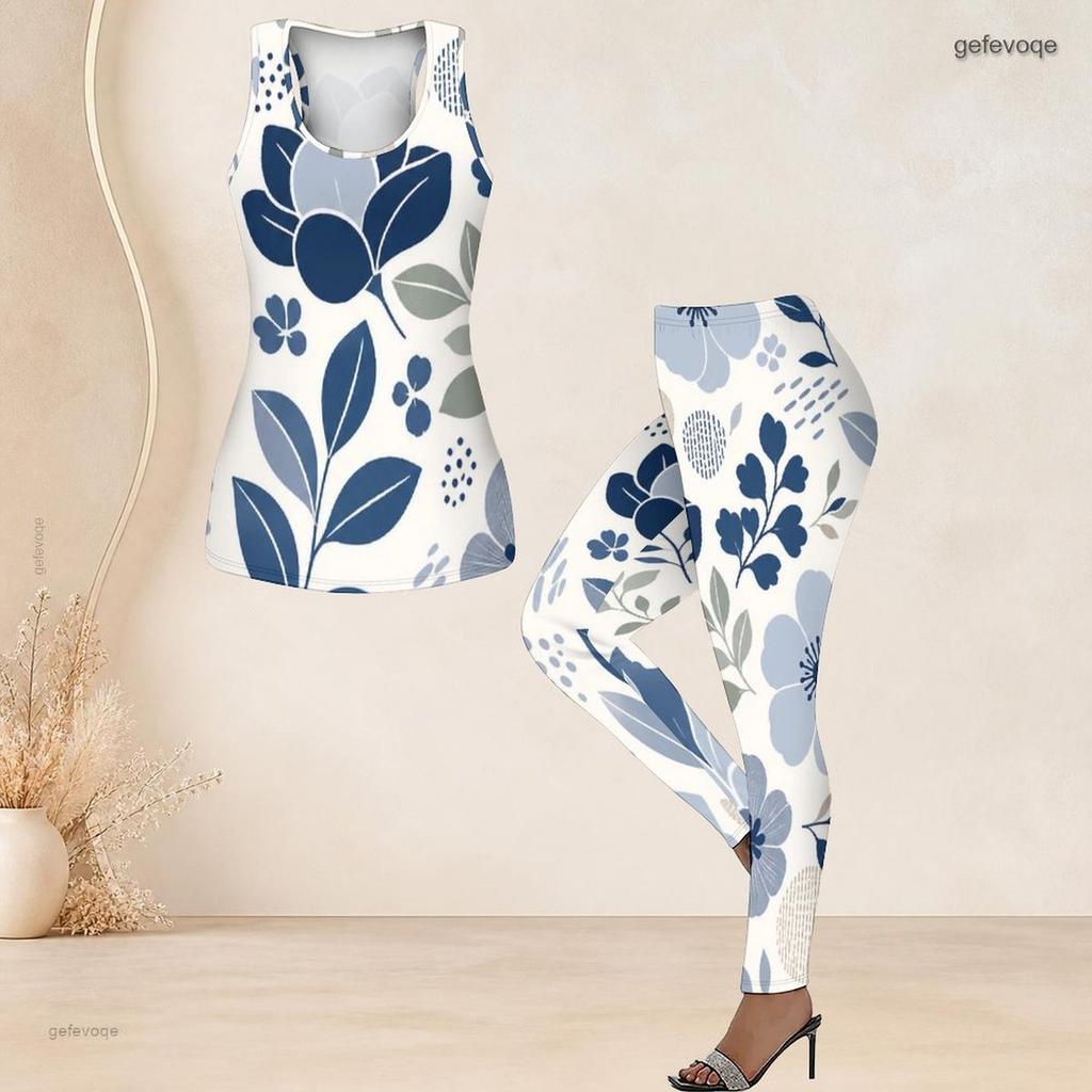 Women Plus Size Two Piece Set Scoop Neck Sleeveless Floral Printed Tank Top And Fitted Pants