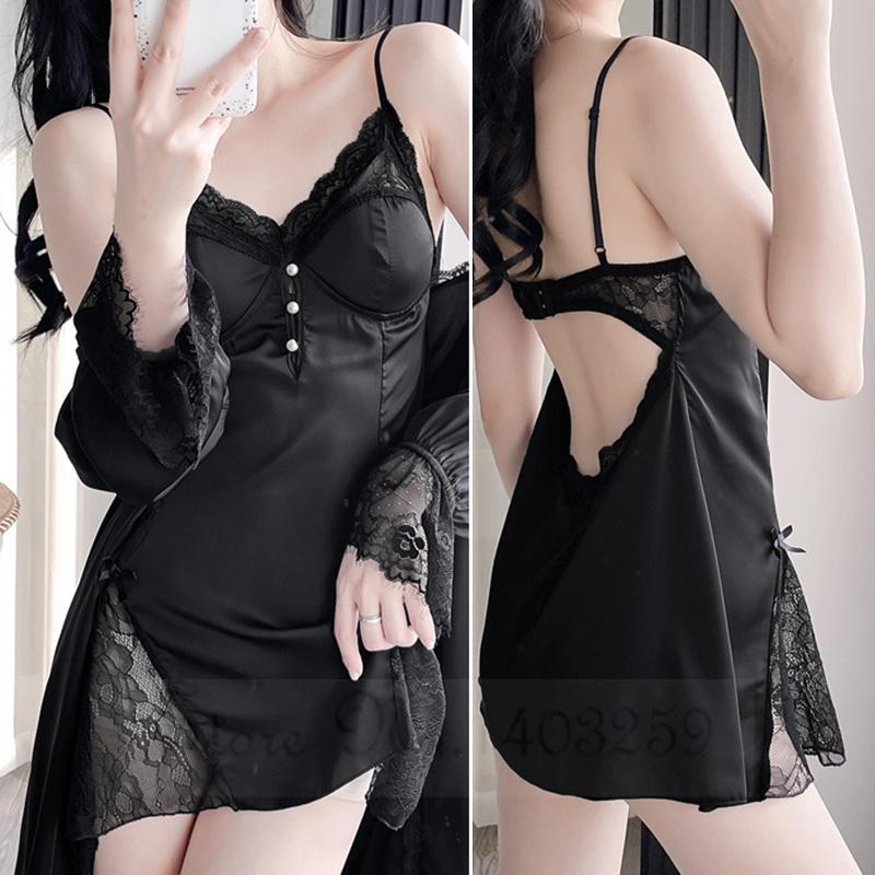 Dámská noční košile a župan Set Noční košile Sexy Patchwork Krajka Intimní spodní prádlo Noční košile Růžový satén Svatba Šaty Volné domácí oblečení