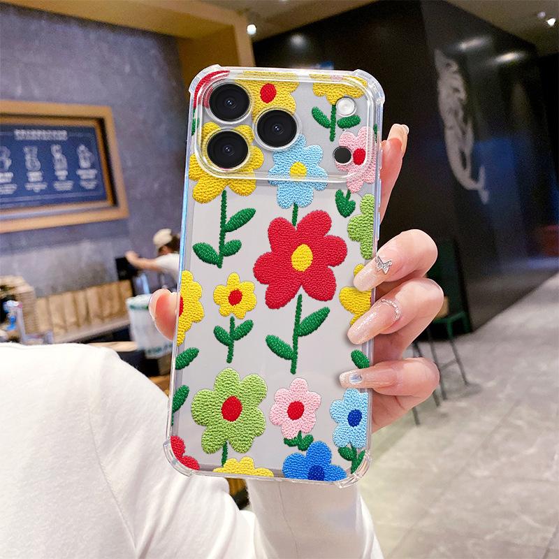 Retro Style Imitation Embroidery Colored Flowers Apple 14pm Mobile Phone Case iPhone17 Anti-drop Transparent Soft Case Protective Case