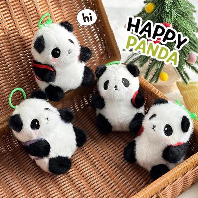 Cute Panda Flower Plush Pendant New Year Giant Panda Schoolbag Hanging Decoration Keychain 4-inch Machine Doll