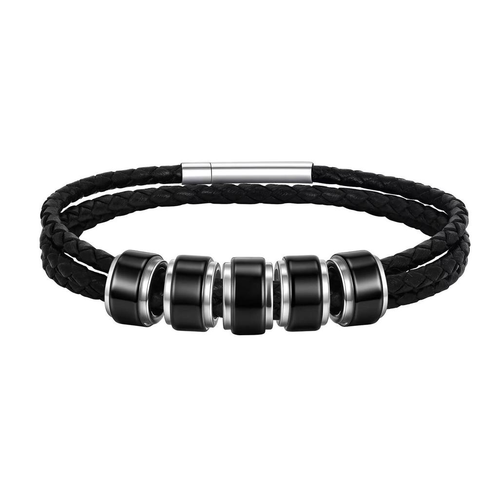 Vnox Custom 3-Layer Leather Bracelet for Men, Stainless Steel Tube Wristband, Personalized Engraved Gifts for Dad Boys Husband