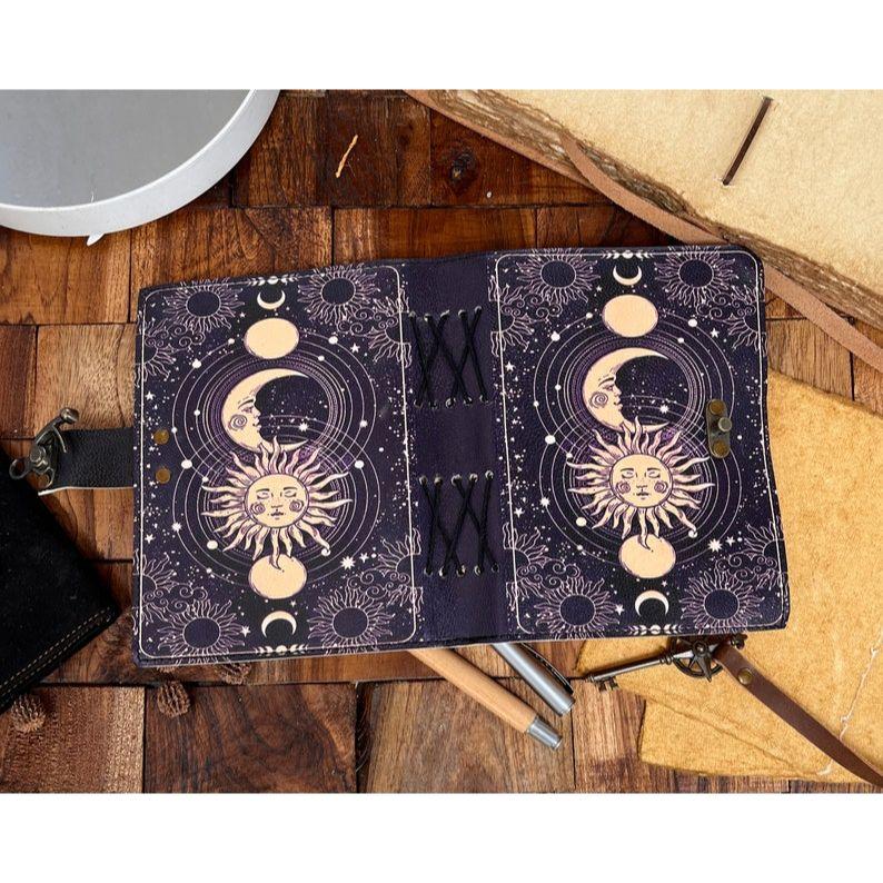Celestial Sun & Moon grimoire kožený deník Ručně vyrobený vintage kožený deník, Prázdná kniha kouzel, deník stínů, Vánoční dárek