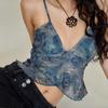 Netz durchsichtig bedruckte Weste Damen Sexy Lässig V-Ausschnitt Ärmellos Träger Camisole Patchwork Tanktop Streetwear