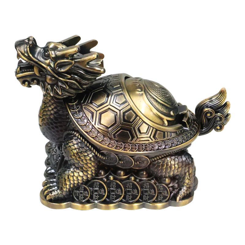 Vintage Creative Personality Auspicious Metal -drop Dragon Turtle Windproof with Lid Anti-flying Ash Large Ashtray