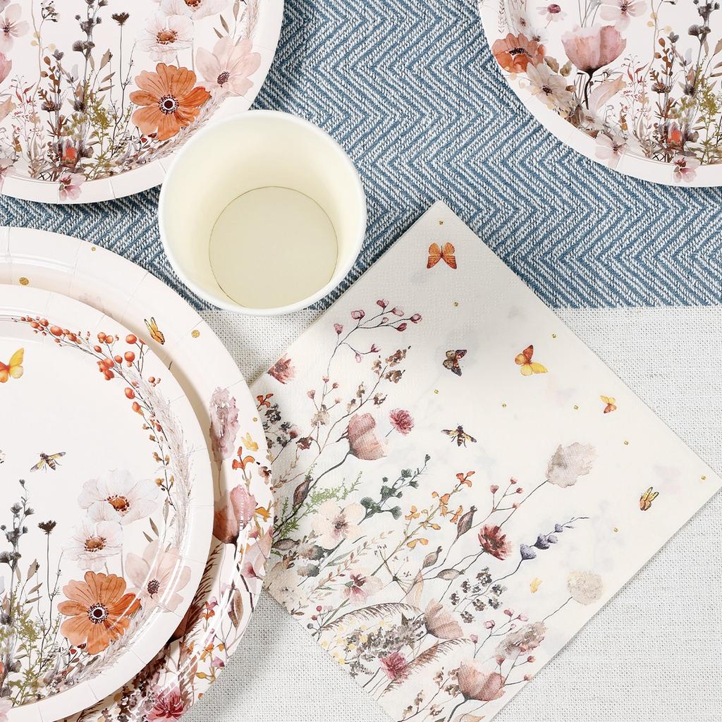 Spring Wild Flower Disposable Tableware Birthday Party Decor Wild Floral Paper Plates Cups Napkins Wedding Baby Shower Supplies