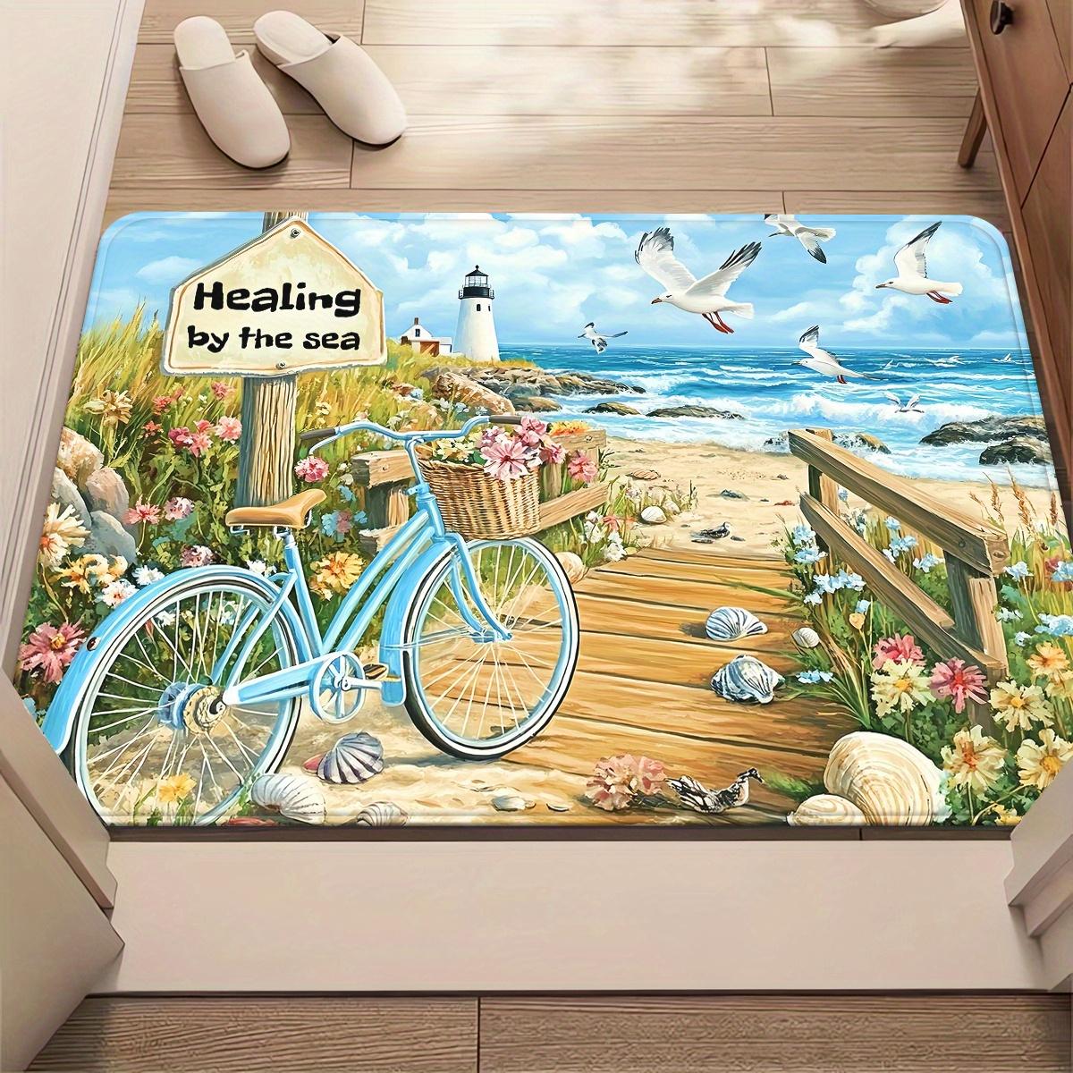 

1pc Healing Beach Bike Doormat Non-Slip Absorbent Microfiber Rug for Bathroom Bedroom Living Room Entryway 40x60cm