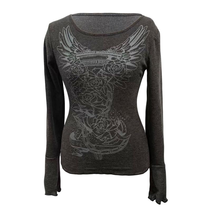 Graphic T Shirt Vintage Fairy Grunge Floral Wings Print Long Sleeve Tops Y2k Women Clothes Basic Harajuku Tee