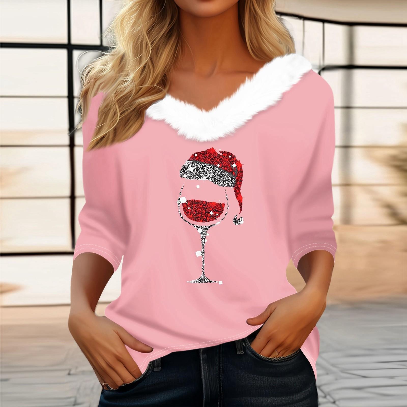 

Жіноча футболка Футболка з різдвяним принтом Сорочка з рукавом три чверті для вечірки з різдвяним флісовим коміром Топ з V-подібним вирізом M рожевий