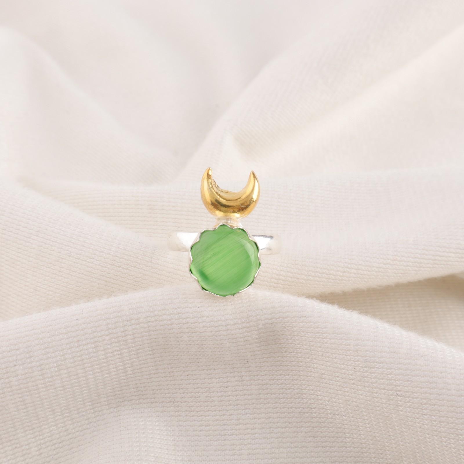 

Round Natural Green Cat s Eye Sterling Silver Wedding Gift Statement Unique Ring RR-58-43 15