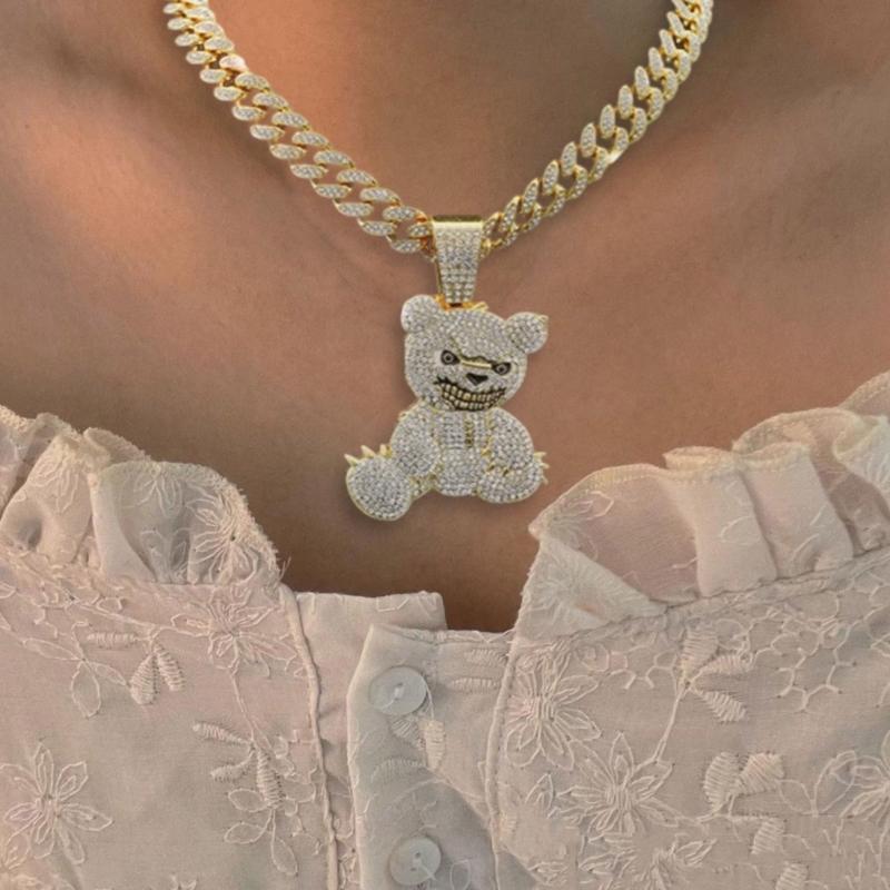 Coole Bärenanhänger-Halskette für Männer Kubanische Gliederkette Vergoldet/Versilbert Diamantenkette Halskette Hip Hop Party Schmuck