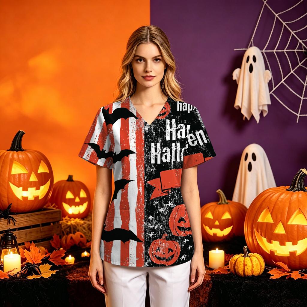 Women's Halloween Print Costume V-Neck Short Sleeve Loose Fit with Pockets