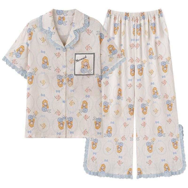 Pajamas Women's 1011 New Summer Cloud Cotton Cartoon Sweet Wide-leg Pants Cute Can Be Worn Outside Loungewear Set