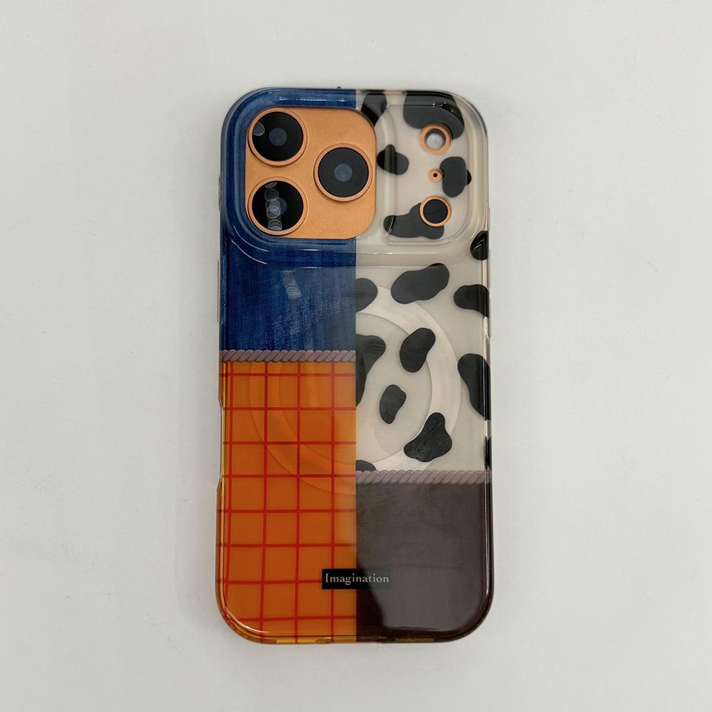 

Retro Four-color Grid Cow Pattern Stitching Wireless Charge Magnetic Case for iPhone 14 16 15 16pro 17 Pro Max For MagSafe Cover iPhone 14 Pro