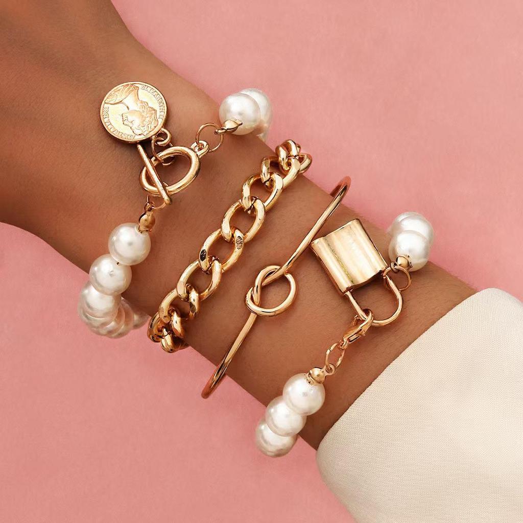Versatile Pearl & Heart Chain Bracelet Set - Unisex Punk Retro Style