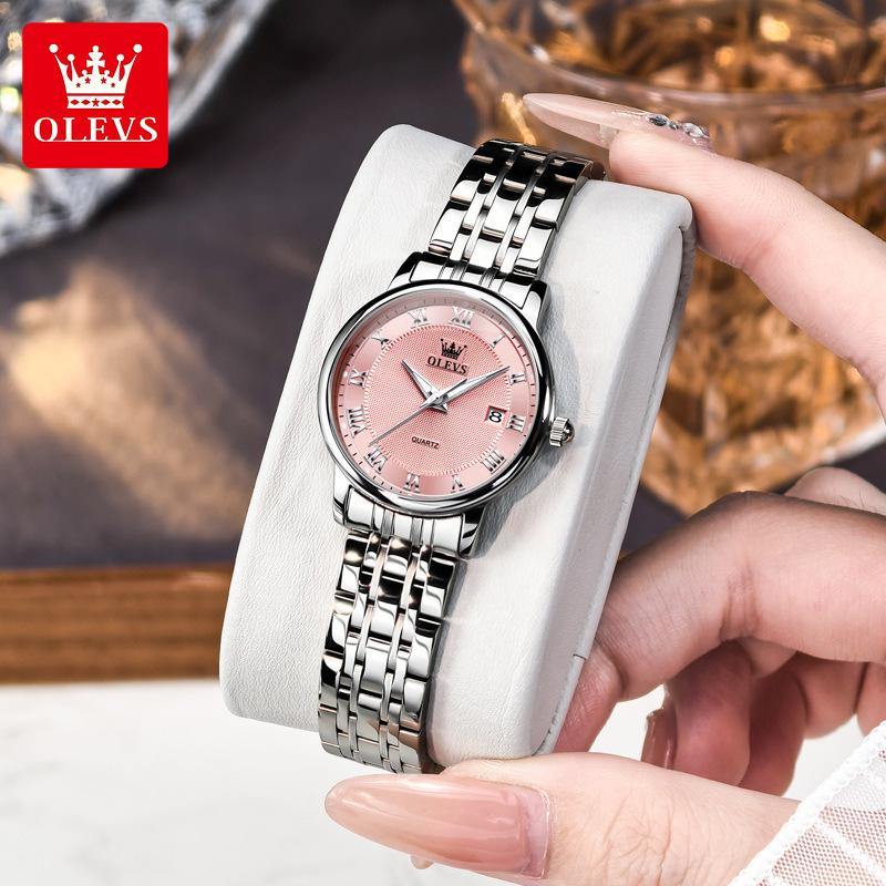 OLEVS Kvarts Klokker for Dame Ultratynn Solid Stållenke Elegant Mote Romersk Skala Auto Dato Vanntett Dameklokker