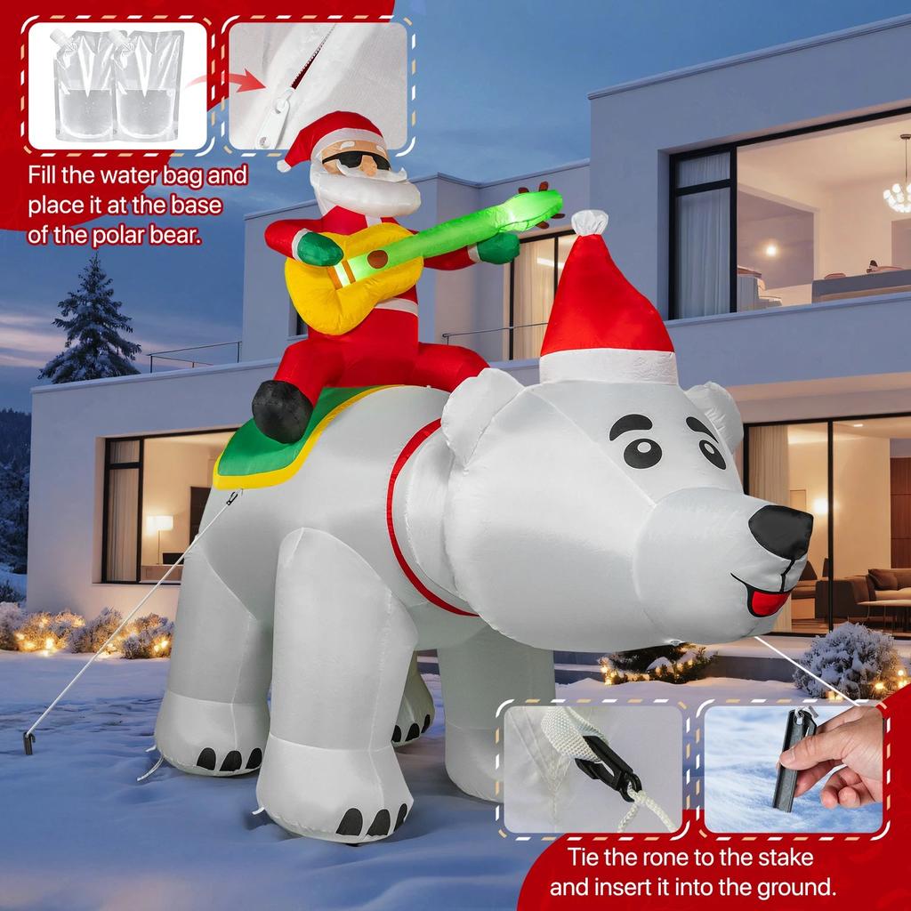 7FT Santa Claus Inflatable Decoration LED Lights Santa Riding Bear Shaking Head Blow Up Model With Music Recording Xmas Party