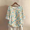 Camicia alla moda e casual da donna a maniche corte con scollo rotondo e stampa, blusa top in cotone e lino