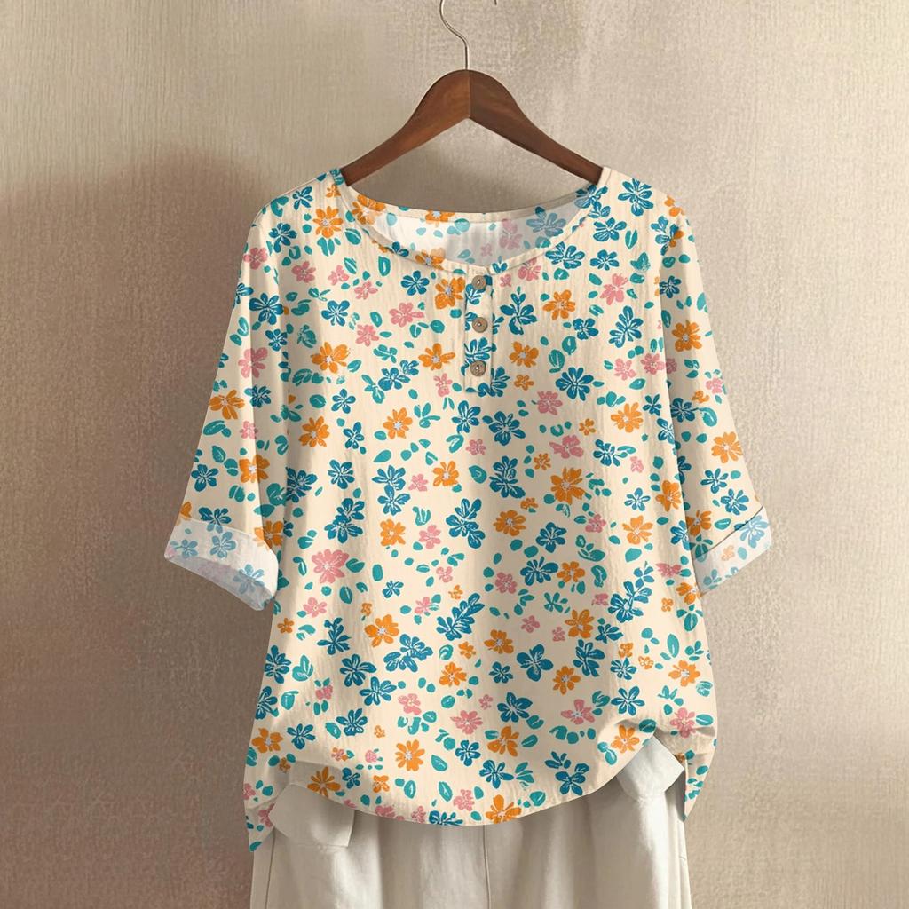 Camicia alla moda e casual da donna a maniche corte con scollo rotondo e stampa, blusa top in cotone e lino