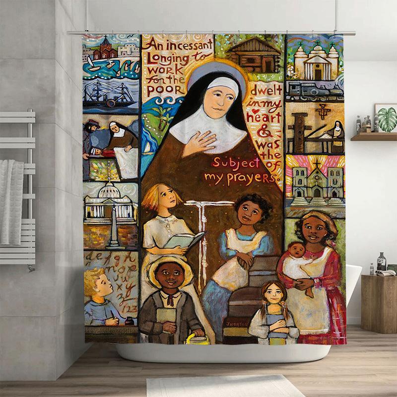 

Vintage Boho Style Artistic Shower Curtain Featuring Saint Mother Teresa With Children Decorative Fabric Bath Mat Set In Multico W60H190(CM)-1 Pcs