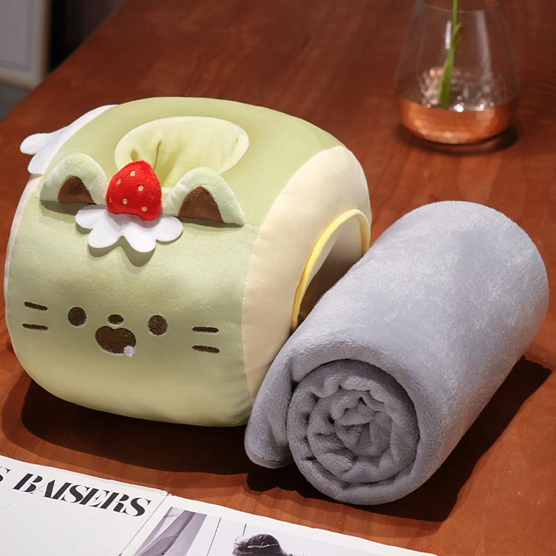 Cute Matcha Chocolate Dessert Cat Design Sleep Cushion And Blanket Set For Nap