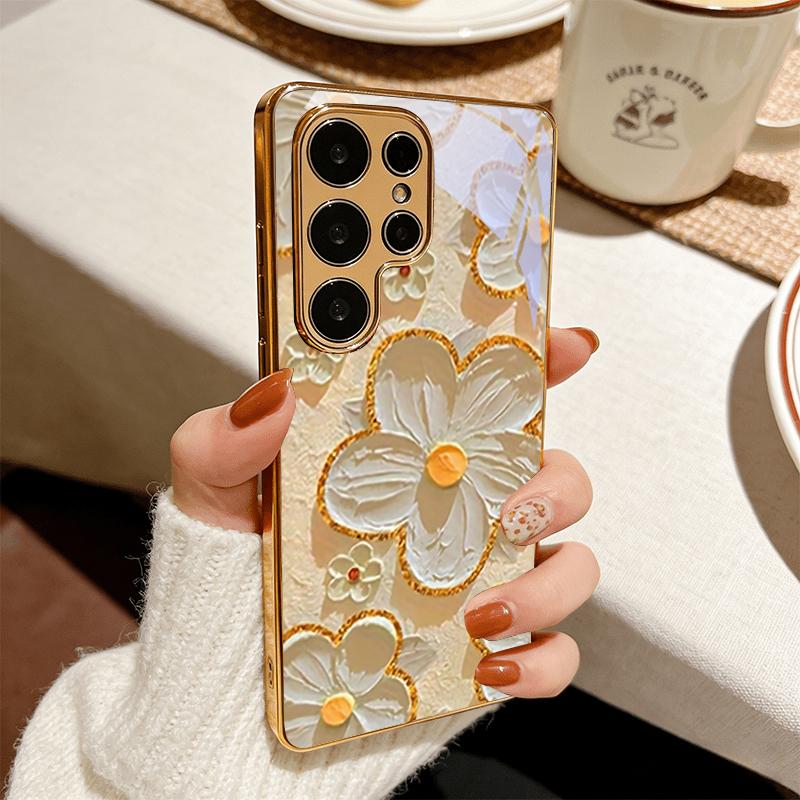 Textured White Flora Electroplated Golden Phone Case For Samsung S22 Ultra S21 S20 FE S23 Plus S24 S25 S26 Note10 20 Glass Cover