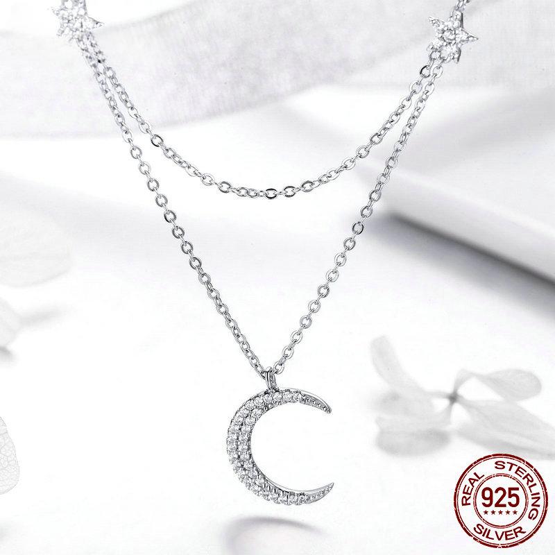Echte 925 Sterling Silber Mond & Stern Doppelschichten Kette Anhänger Halsketten für Frauen Sterling Silber Schmuck BSN038