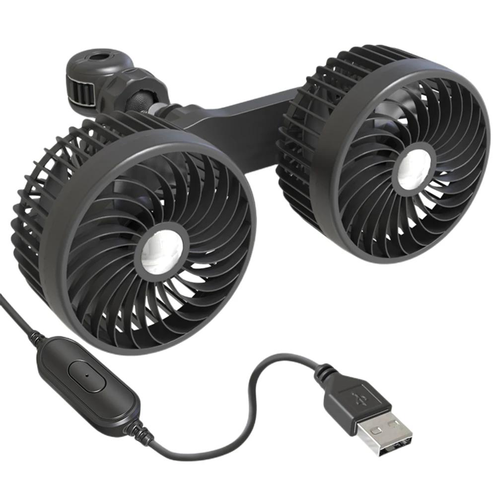Autositz-Rückenkühlventilator 360-Grad-Drehung Auto-Kopfstützen-Belüftungsventilator USB-Aufladung Doppelkopffächer Nackenkühler Auto-Innenraum