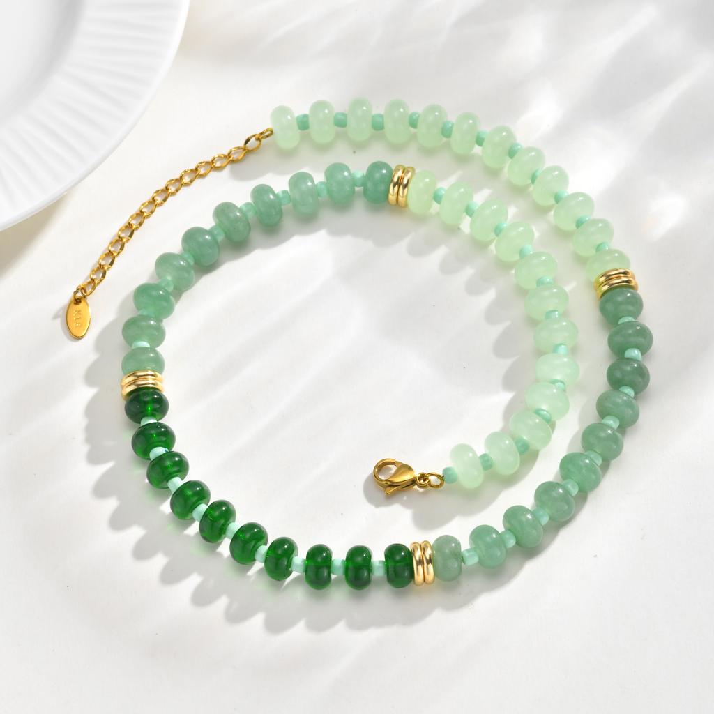 Boho Colorful Natural Stone Necklace for Women, Stainless Steel OT Buckle Rainbow Bead Choker Necklace ,Summer Handmade Jewelry