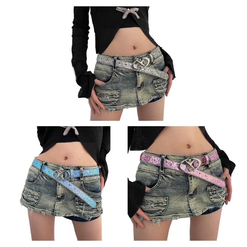 Shinning Adjustable Buckle Waist Belts for Jeans Adjustable Belt for Cowboy Cowgirl Teens Female Jeans Skirt Waistband
