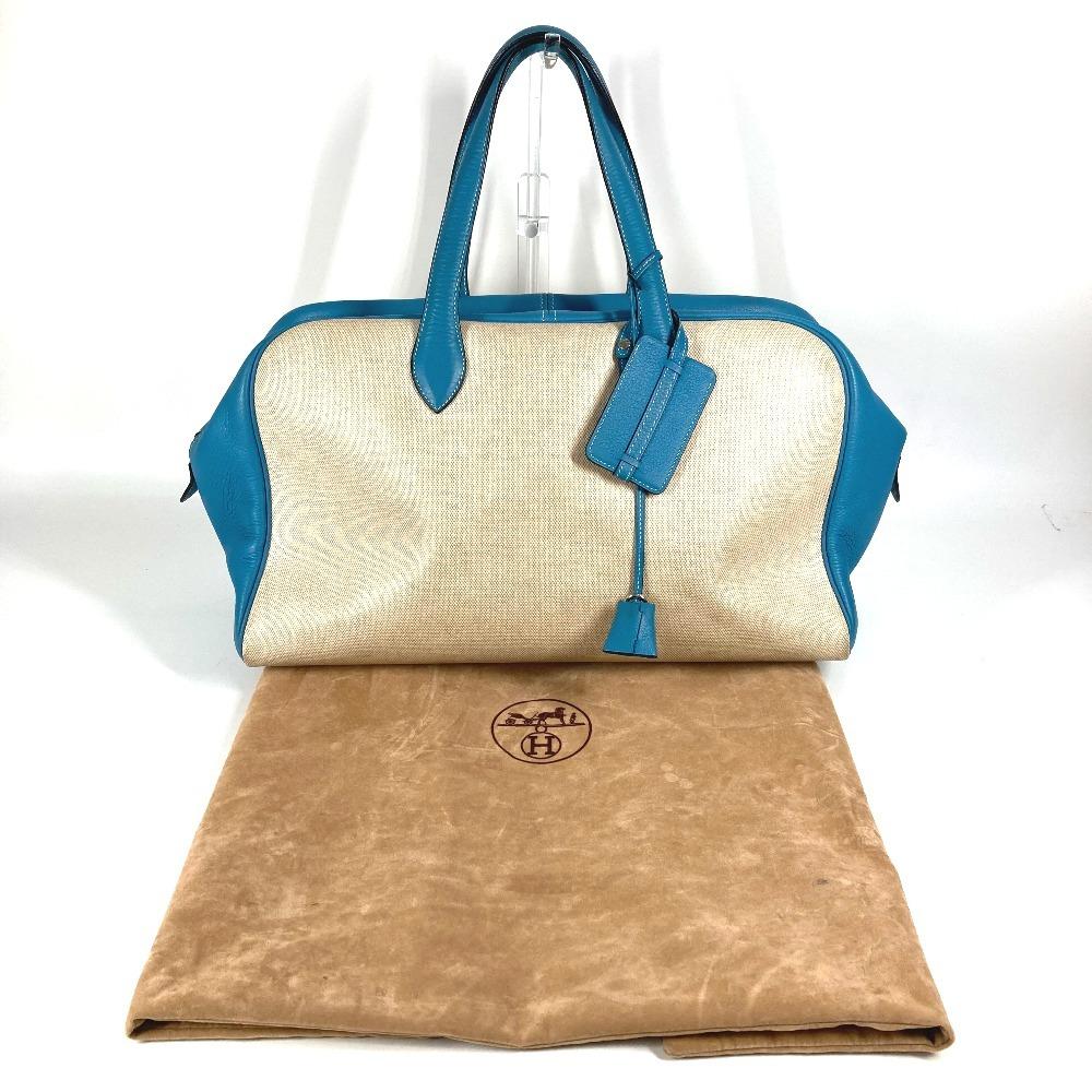 HERMES Victoria 43 Boston Bag Hand Bag Toile H / Leather Blue gene blue/Beige