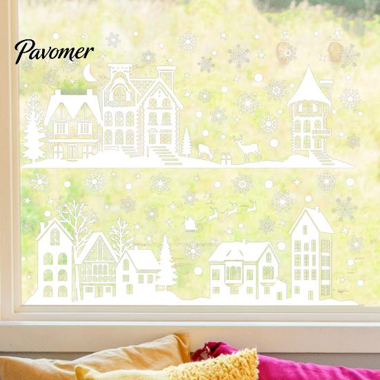 Indoor Outdoor Glass Window Stickers 2Pcs Christmas Town Static Sticker, Reusable Decal with Snowflake Clings for Winter Pattern, Decorative