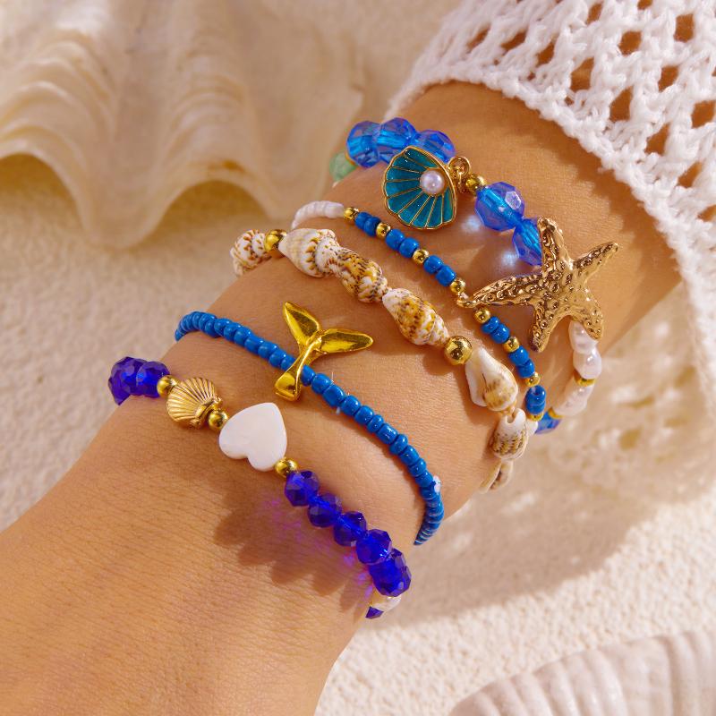 1 Set Summer Ocean Blue Beads Strand Hand Chain Bohemia Starfish Shell Beaded Bracelets For Women Jewelry Beach Vacation Gift