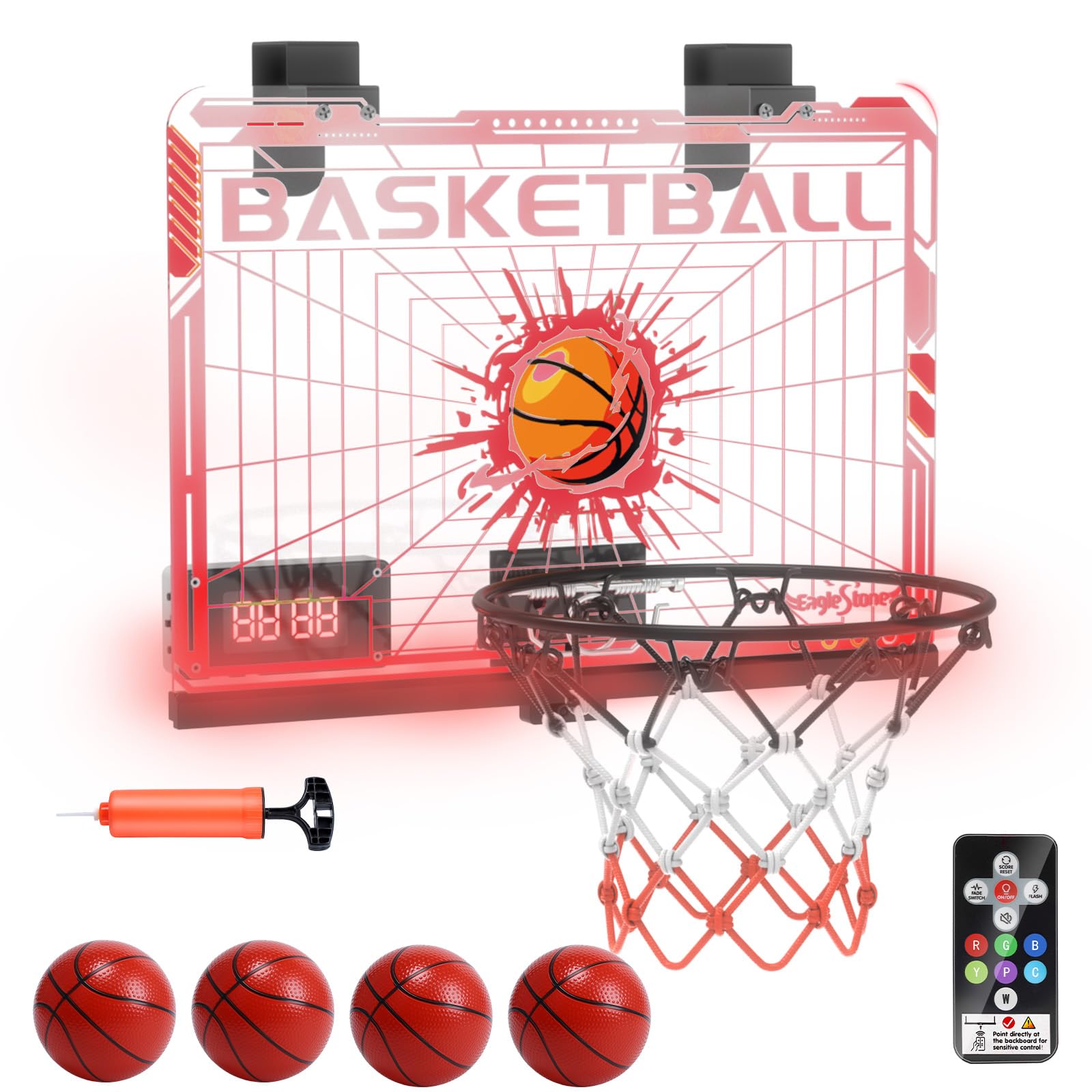

Игрушельное баскетбольное кольцо Eaglestone Баскетбольное кольцо для помещений 7-цветная подсветка Функция дистанционного управления Автоматический подсчет очков 2 способа подсчета очков Звуковые эффекты Бесшумный