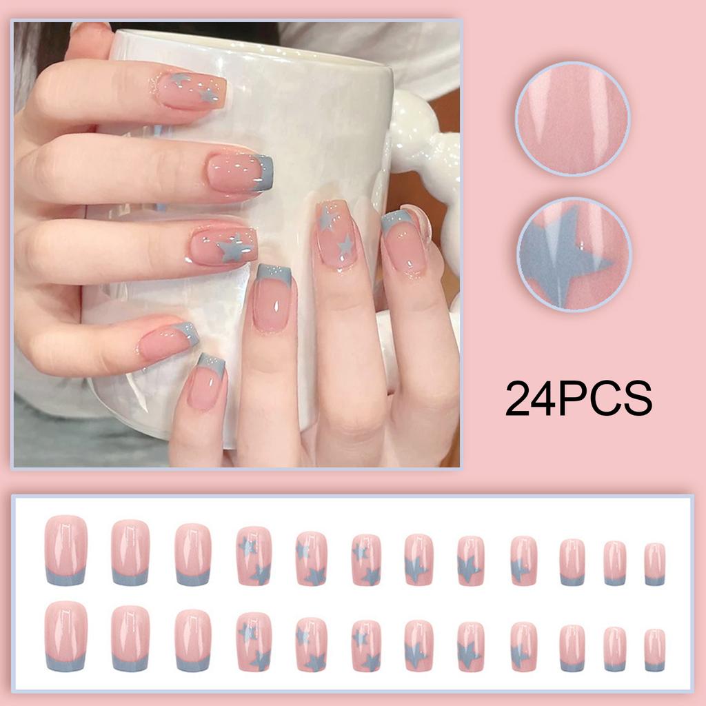 Pink Glossy Artificial Nails with Stars Print Durable & Never Splitting False Nails for Women Girls Manicure DIY