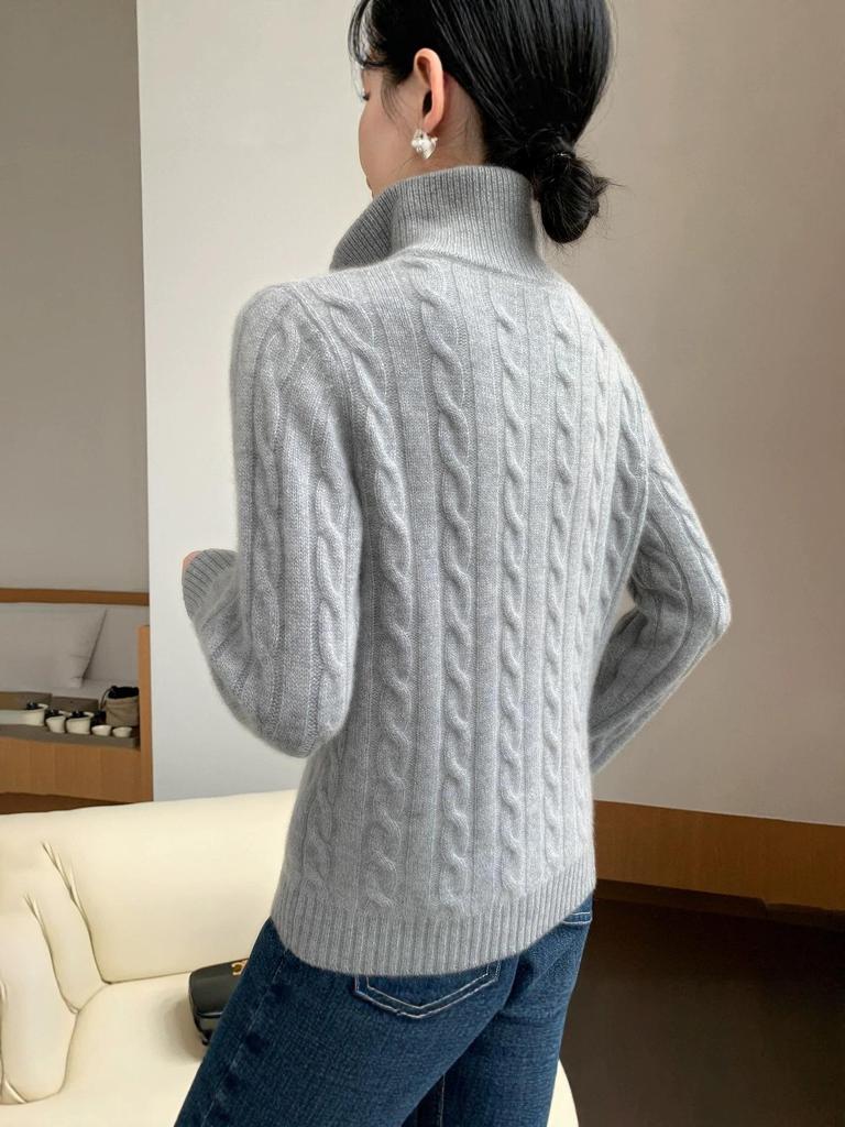 Women's Cashmere Sweater: 2026 Full Cable Knit, Solid Color, Long Sleeve, Half Zip Pullover for Autumn/Winter.