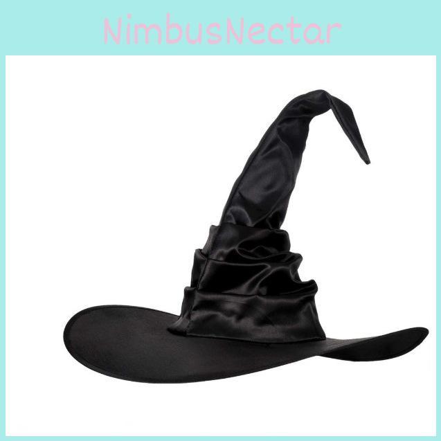 Black Curved Hook Design Witch Hat With Ruffled Style For Halloween Events