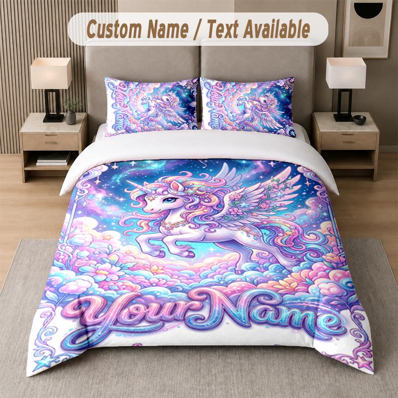 Unicorn Theme Custom Text Or Name 3Pcs Bedding Set 1 Flat Sheet & 2 Pillowcases Personalized Home Bedding