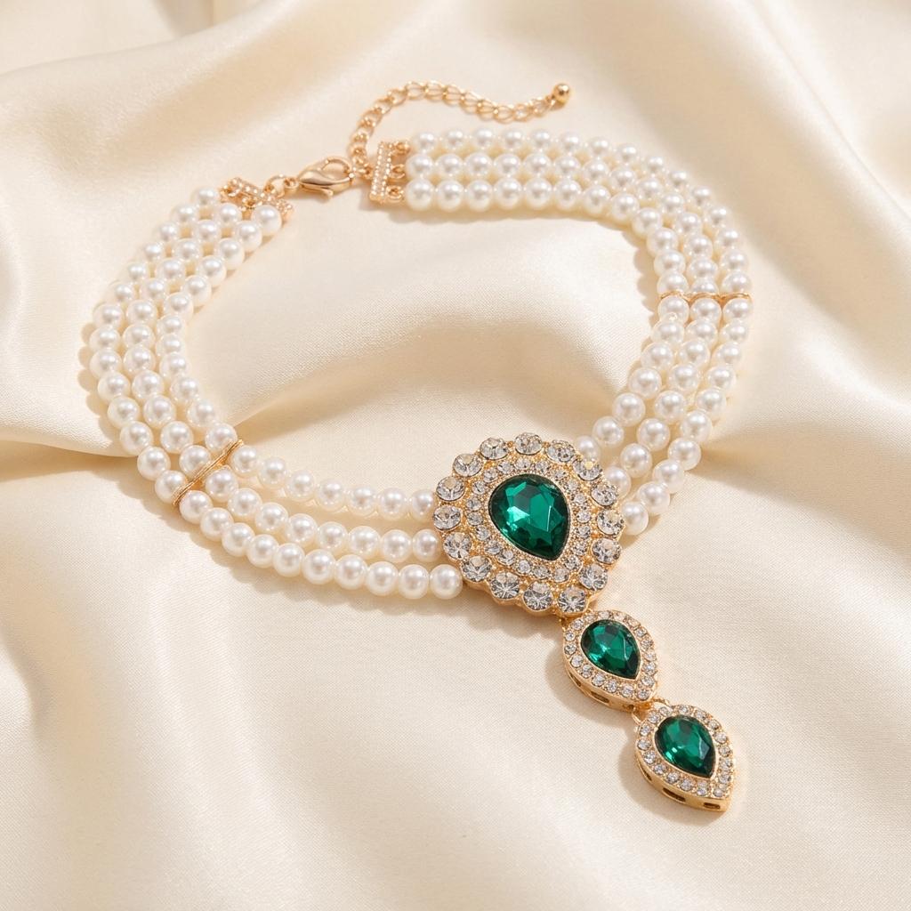Retro Micro Inlaid Rhinestone Imitation Pearl Choker for Women Luxury Crystal Water Drop Pendant Necklace Party Wedding Jewelry