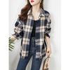 Autumn Hong Kong Style Retro Plaid Shirt for Women Loose Medium To Long Korean Style Plaid Coat
