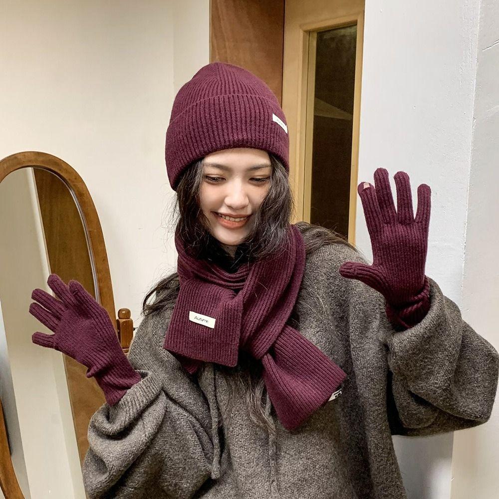 Solid Color Hat Scarf Gloves Set Warm Winter Beanie Hat Thermal Protection Thermal Knit Cap  Skiing