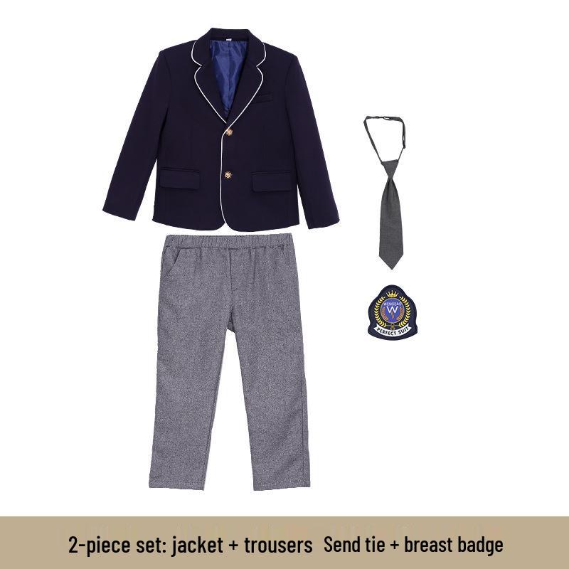 Children's Academy Style Formal White Shirt & Navy Jacket Suit Set for Elementary School Girls