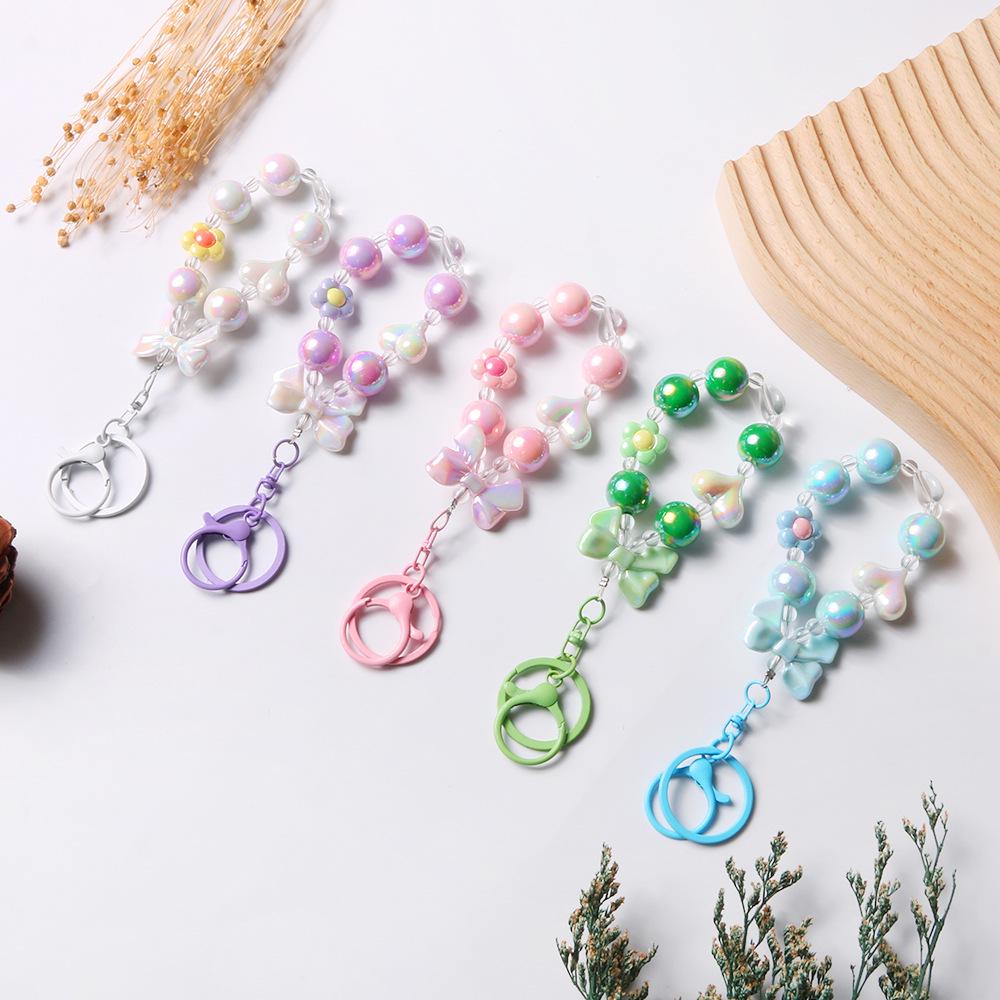 Colorful Electroplated Beaded Phone Chain & Keychain with Bow and Flower Pendant